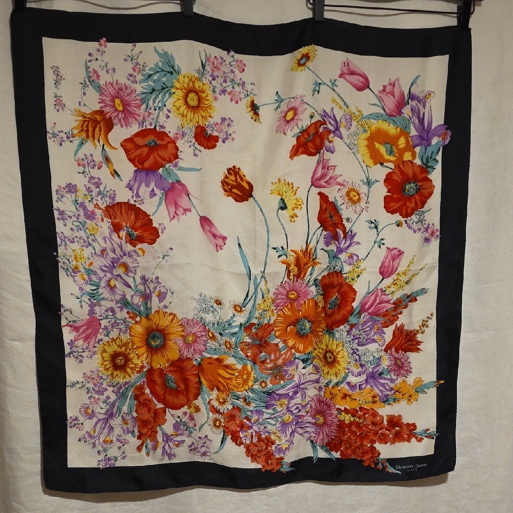 Christian Garets Paris Floral Border Silk Scarf - Black & Cream